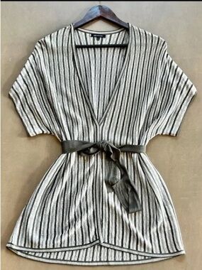 Anne Klein Gray Striped V-Neck Wrap Tunic with Waist Tie